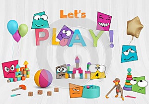 Mockup scene with toys and balloons and cartoon characters