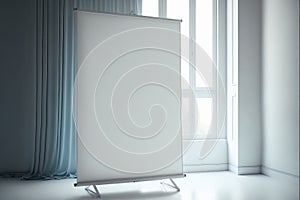 A mockup screen in white room with blue curtains