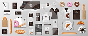 Mockup set for Bakery shop, Cafe, restaurant Brand identity. Realistic Bakery package mockup cup, pack, uniform, shirt