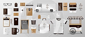 Mockup set for coffee shop, cafe or restaurant. Coffee food package for corporate identity design. Realistic set of