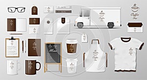 Mockup set for coffee shop, cafe or restaurant. Coffee food package for corporate identity advertising design. Realistic
