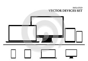 Mockup set of device. Black Monitor PC, laptop, tablet, smartphone icon vector illustration