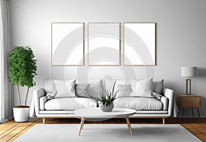 Mockup of a set of frames in the interior, 3D illustration with a design of apartments in boho style, white furniture for pattern