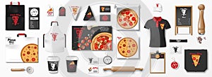 Mockup set for pizzeria, cafe or restaurant. Realistic branding set of pizza box, flyer, uniform, menu, cardboard pack