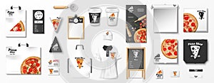 Mockup set for pizzeria, cafe or restaurant. Realistic branding set of pizzeria flyer, uniform, pizza box, menu