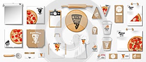 Mockup set for pizzeria, cafe or restaurant. Realistic branding set of poster, pizza slice box, uniform, cardboard