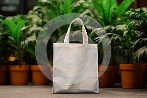 Mockup shopper tote bag handbag on green plants background. Copy space shopping eco reusable bag. Grocery accessories. Template