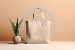 Mockup shopper tote bag handbag on isolated beige background. Copy space shopping eco reusable bag. Grocery accessories. Template