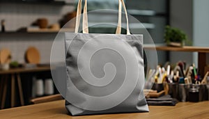 Mockup shopper tote bag handbag on table near designer workspace background. Copy space shopping eco reusable bag accessories.