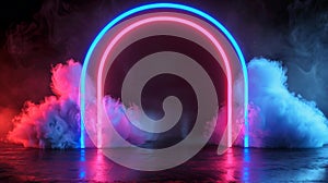 This mockup shows neon light arch portals, laser-led frames for concert stages with steam, haze, magic glitter, and a