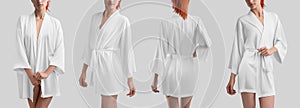 Mockup of silk white robe on slender girl, set of stylish home clothes with belt, for design, print, pattern, branding, front,