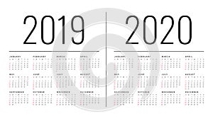 Mockup Simple calendar Layout for 2019 and 2020 years. Week starts from Monday