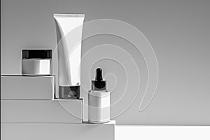 Mockup skincare products on geometric podiums, white tube, glossy jar, pipette container, grey backdrop