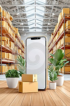 Mockup of smartphone with warehouse and plants background concept