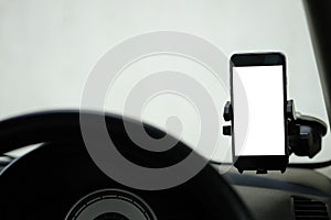 Mockup Smartphone in a car use for Navigate or GPS. Smartphone i