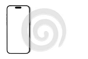 mockup smartphone iPhone 15 Pro Max with blank white screen on the left side with empty space. Apple is a multinational technology