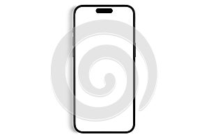 mockup smartphone iPhone 15 Pro Max with shadow isolated blank white screen on a white background, top view. Apple is a