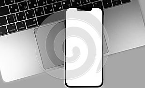 Mockup smartphone iPhone with white screen, empty display with notebook