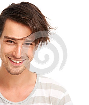 Mockup, smile and portrait of man in studio for casual, trendy and cool fashion. Happiness, edgy and confidant with face photo