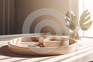 Mockup smooth round wooden tray with coffee beans, white table countertop