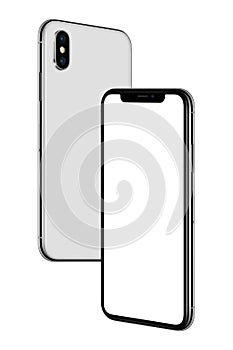 Mockup of soaring in the air turned towards each other white smartphones similar to iPhone X front and back sides