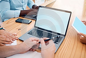 Mockup space, laptop and screen with business people in a meeting for marketing and advertising. Working, team planning