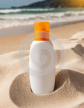 Mockup spf protection lotion bottle on sand on the summer beach, sunscreen skin care