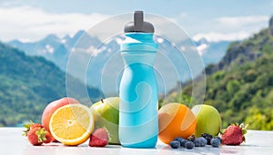 Mockup sport drink bottle with fruits on mauntains background, health concept on nature