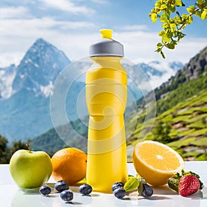 Mockup sport drink bottle with fruits on mauntains background, health concept on nature