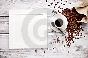 Mockup square frame for text or picture and coffee