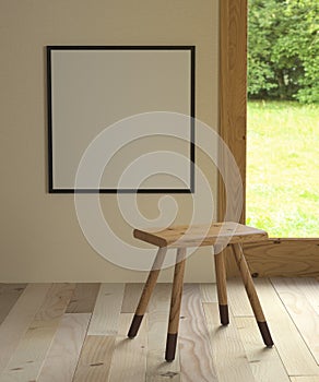 Mockup a square poster and Backless stool