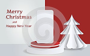 Mockup studio and Phone on podium with christmas decoration for christmas product presentation