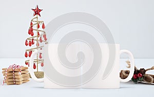 Mockup Styled Stock Product Image, two white mugs that you can add your custom design or quote to.