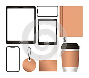 Mockup tablet with smartphone and corporate identity set vector design