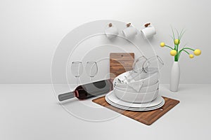 Mockup template with kitchen table and utensils - dishes, wooden desk, wine glasses, bottle, mugs