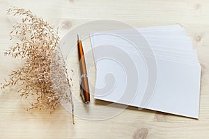 Mockup template with stack of cards, metallic parker pen and decorative delicate plant on wooden surface