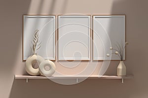 Mockup template with three 3 blank vertical A4 frames, decorative porcelein vases on wooden shelf next to beige wall