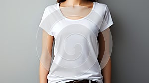 Mockup template of a woman in a white t shirt for design print studio, isolated on a light gray wall