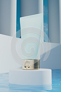 Mockup of a tube of cream on the podium with water 3d