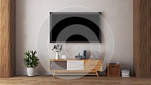 Mockup tv in living room with blank tv, cabinet, objects, and plant .