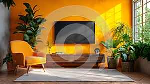 Mockup TV in modern living room with armchair and plant on yellow wall, generated AI