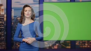 Mockup tv studio presenter broadcasting news in air multimedia channel close up.