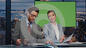 Mockup tv studio presenters broadcasting news in air multimedia channel closeup