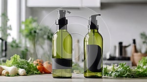 Mockup of two bottles of olive oil with black labels in the interior of a modern kitchen.created by AI