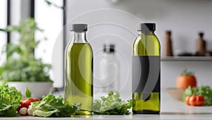 Mockup of two bottles of olive oil with black labels in the interior of a modern kitchen.created by AI