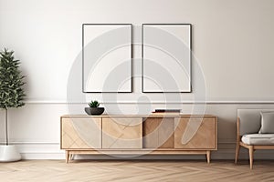 Mockup of two frames in a Scandinavian interior on a background of a white wall and dresser