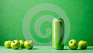 Mockup two green blank soft drink in aluminum can surrounded by apples and design of apple fruit green packaging. Refreshing soft