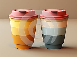 mockup of two paper coffee cups with striped lids