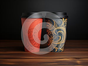 mockup of two paper coffee cups with striped lids