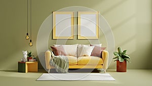 Mockup two poster frame with yellow sofa on empty dark green color wall background